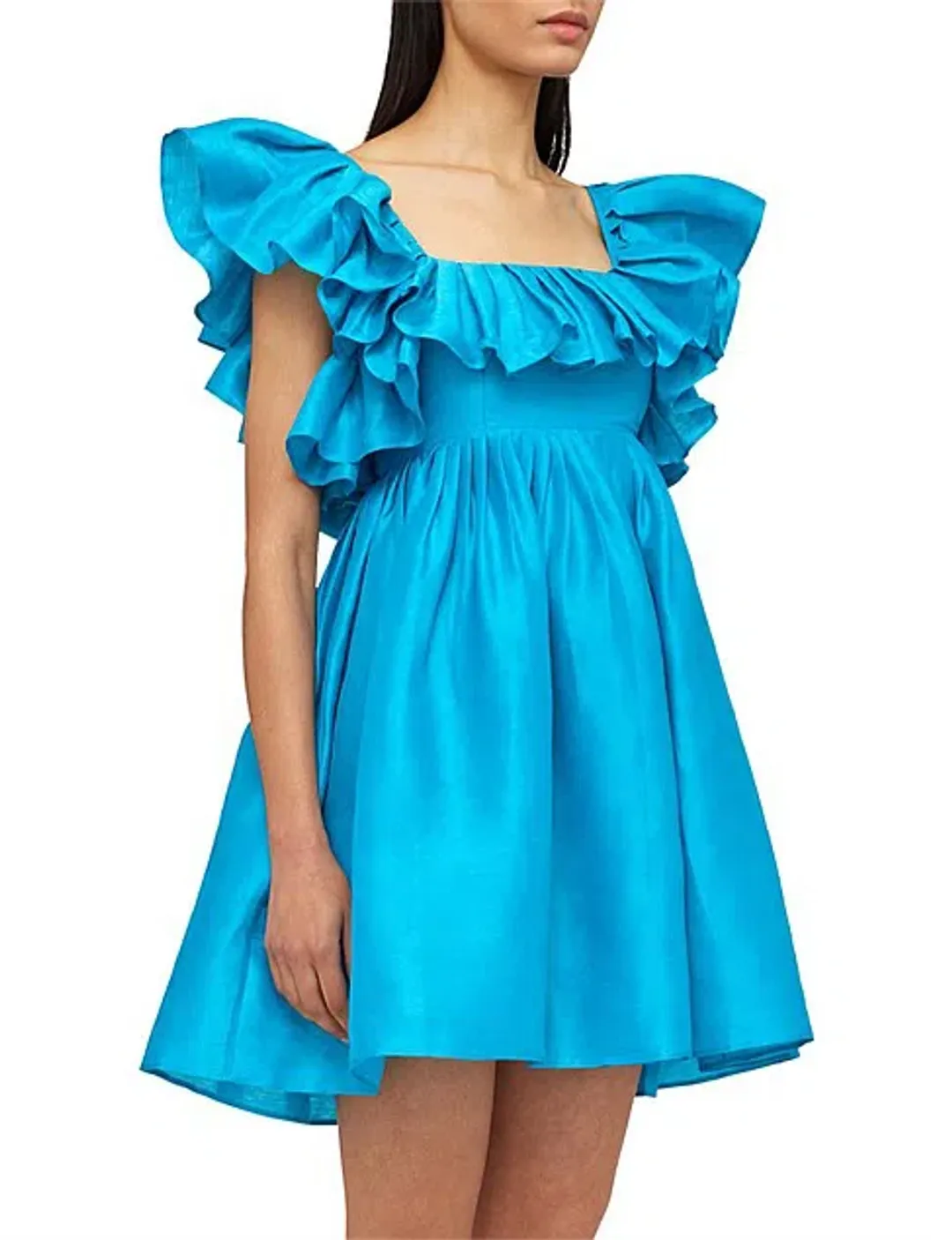 Leo Lin Azure Silk Linen Tie Back Dress with Flounce Neckline AU 12 for rent on The Volte - main image