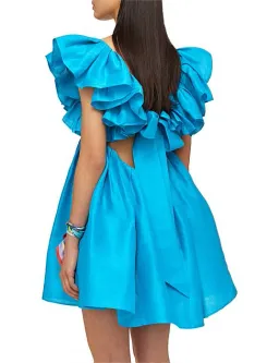 Leo Lin Azure Silk Linen Tie Back Dress with Flounce Neckline AU 12 for rent on The Volte - image 3