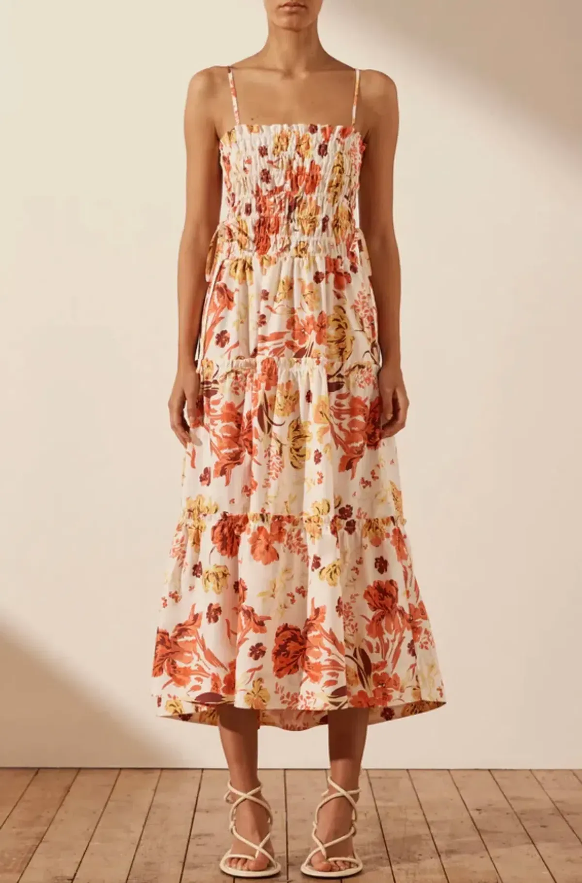 Shona Joy Kalani Shirred Tiered Midi Dress Floral Size 6 for rent on The Volte - main image