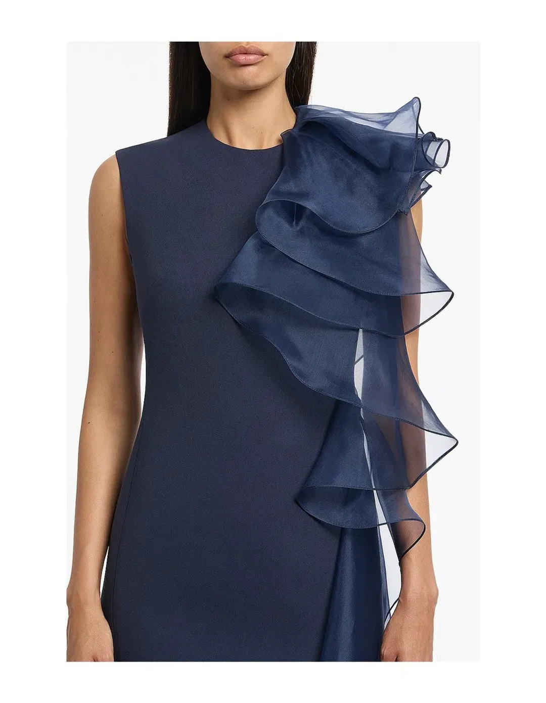 Carla Zampatti Navy Crepe Ruffle Shoulder Dress Size 10 for rent on The Volte - main image