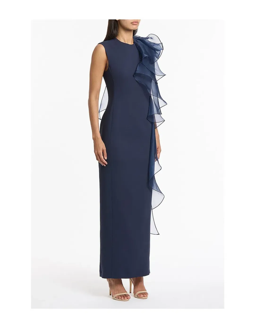 Carla Zampatti Navy Crepe Ruffle Shoulder Dress Size 10 for rent on The Volte - main image
