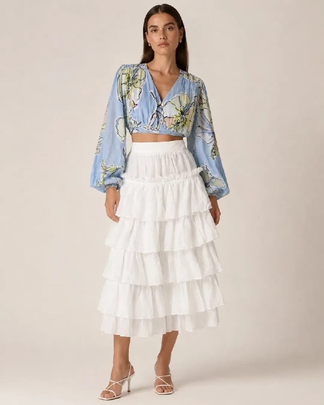 Aje Medina Tiered Midi Skirt – White – Size 12 for rent on The Volte - main image