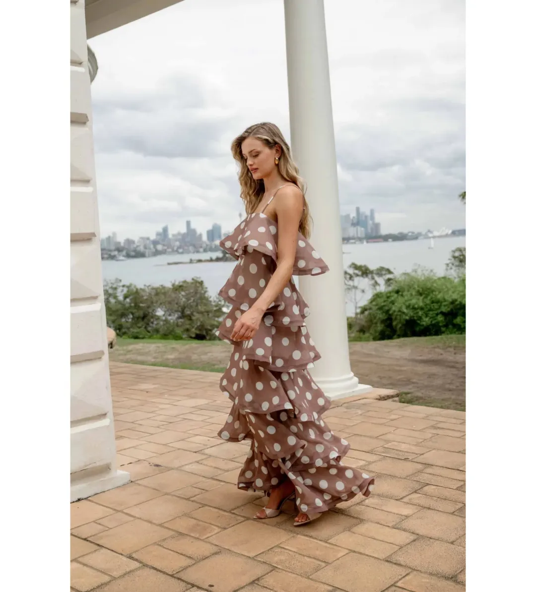 Elliatt Sola Tiered Maxi Dress in Brown Polkadot Size S/AU 8 for rent on The Volte - main image