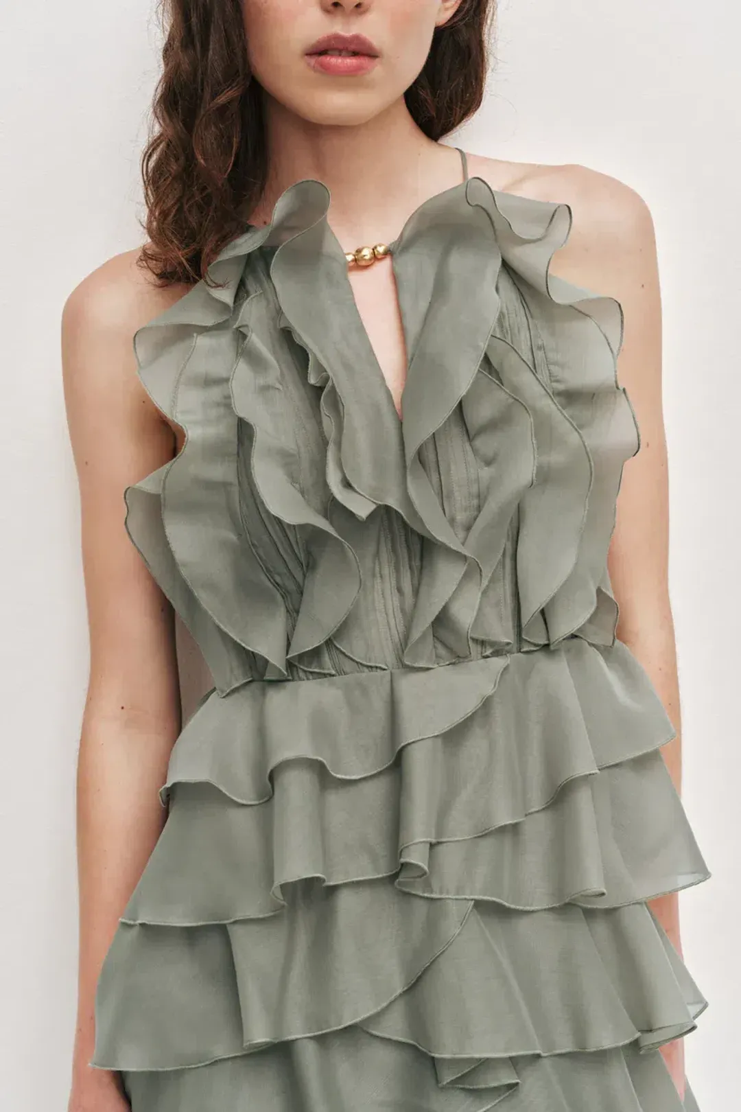 🌴 Aje Cleo Gown in Fern  Green - Size 8 - Ruffle Tiered Maxi Dress 🌴 for rent on The Volte - main image