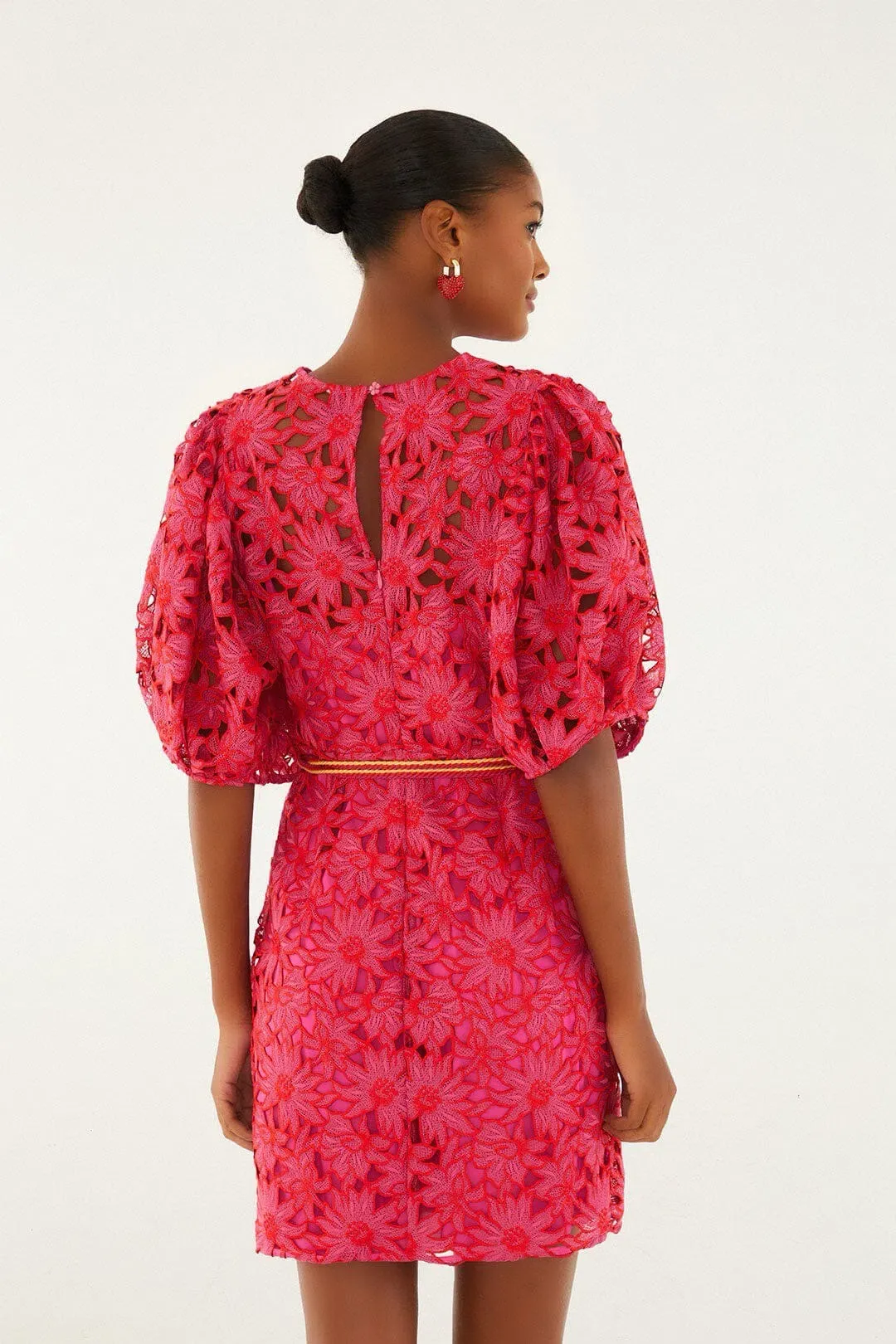 Farm Rio Pink Flowered Lace Puff Sleeve Lined Mini Dress S / AU 8 for rent on The Volte - main image
