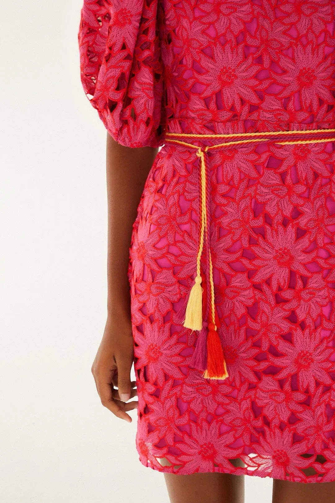 Farm Rio Pink Flowered Lace Puff Sleeve Lined Mini Dress S / AU 8 for rent on The Volte - main image