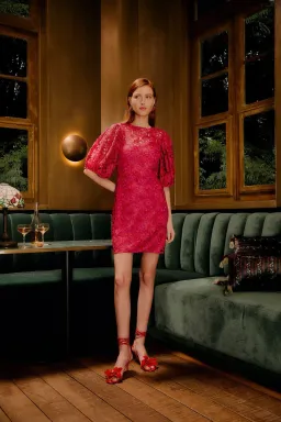 Farm Rio Pink Flowered Lace Puff Sleeve Lined Mini Dress S / AU 8 for rent on The Volte - image 4