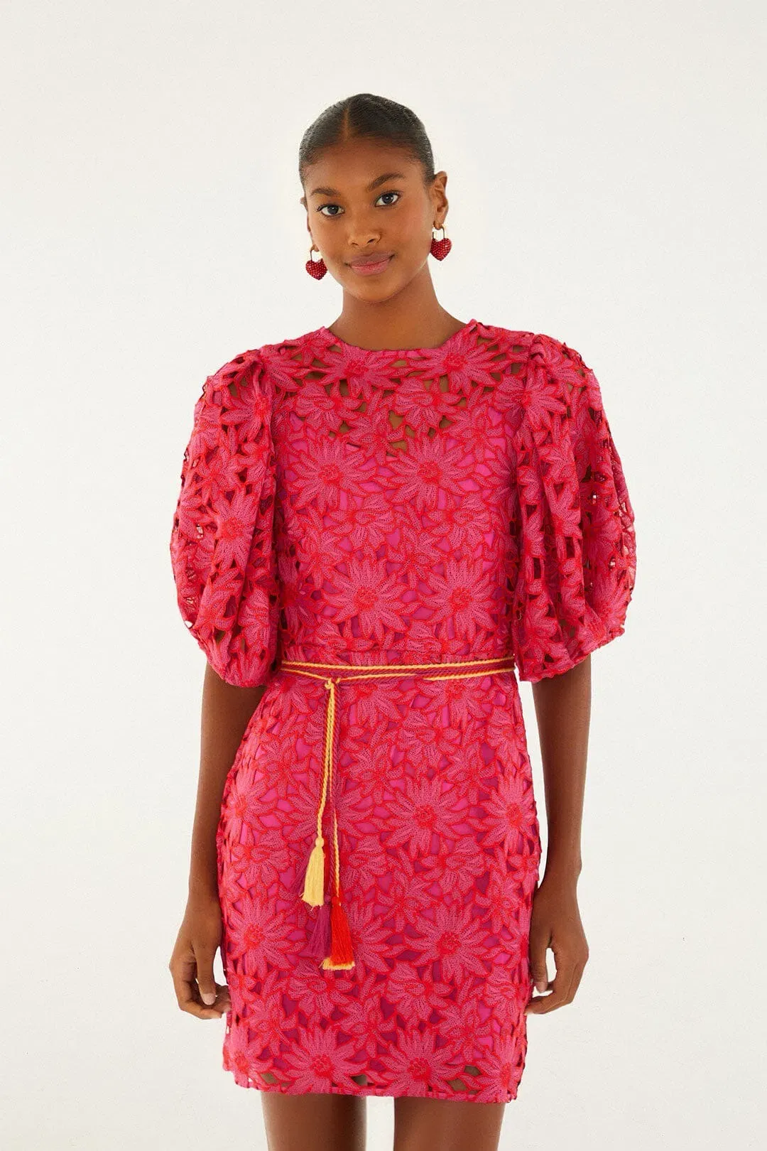 Farm Rio Pink Flowered Lace Puff Sleeve Lined Mini Dress S / AU 8 for rent on The Volte - main image