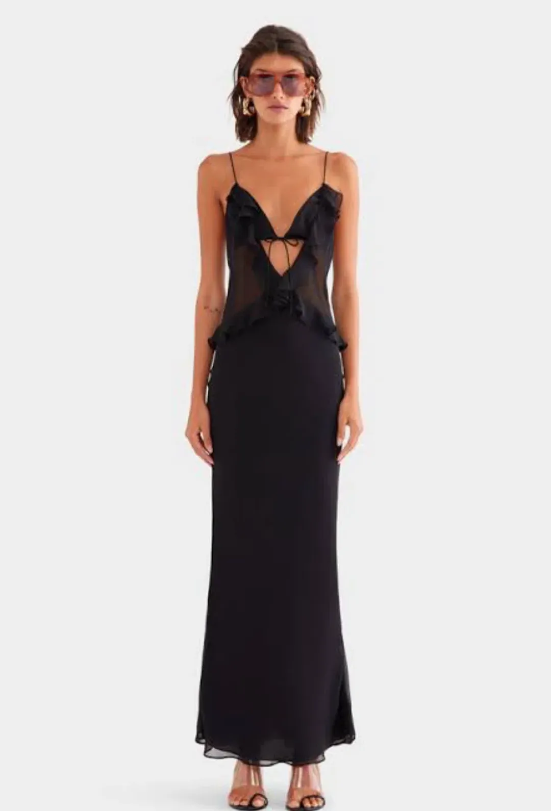 Venroy Silk Bralette Ruffle Maxi Dress In Black AU 6 / XS for rent on The Volte - main image