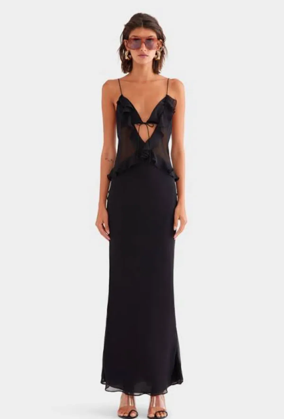 Venroy Silk Bralette Ruffle Maxi Dress In Black AU 6 / XS for rent on The Volte - main image