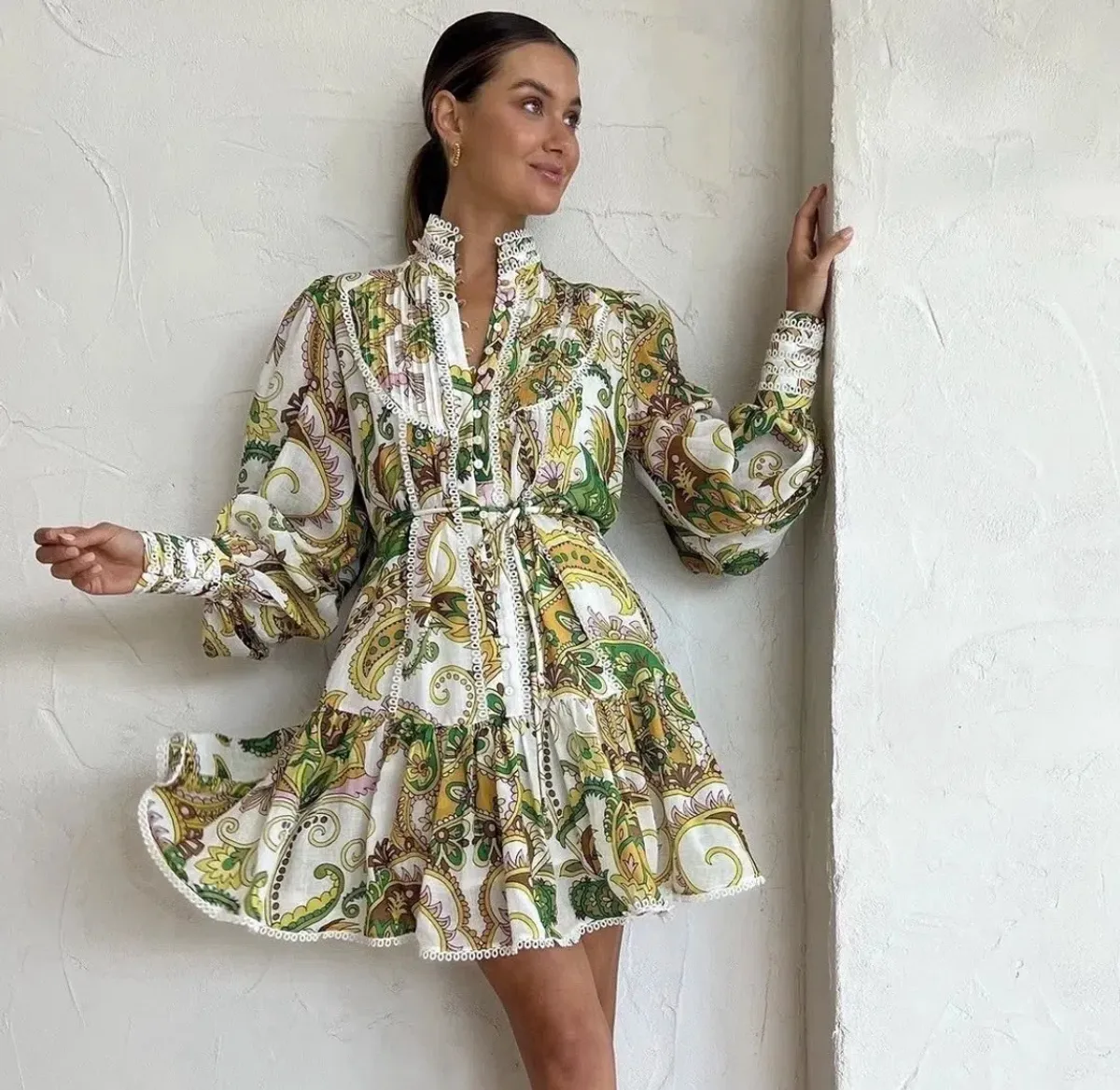 🌿 Alemais Octavia Ruffle Mini Dress size 10 AU / M - yellow / green paisley 🌿 for rent on The Volte - main image