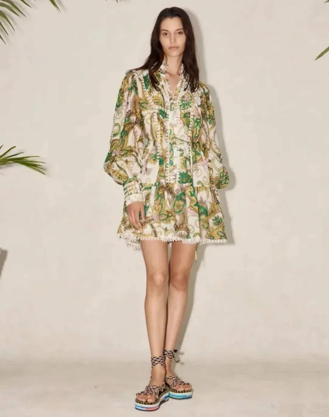 🌿 Alemais Octavia Ruffle Mini Dress size 10 AU / M - yellow / green paisley 🌿 for rent on The Volte - main image