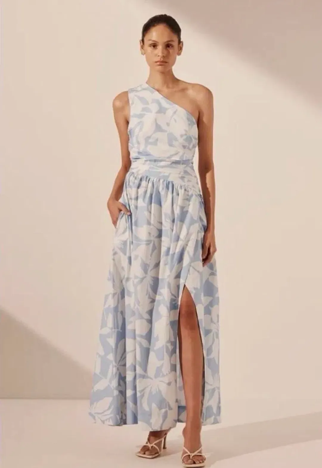 Shona Joy Mamouina Blue and White, One Shoulder Dress for rent on The Volte - main image