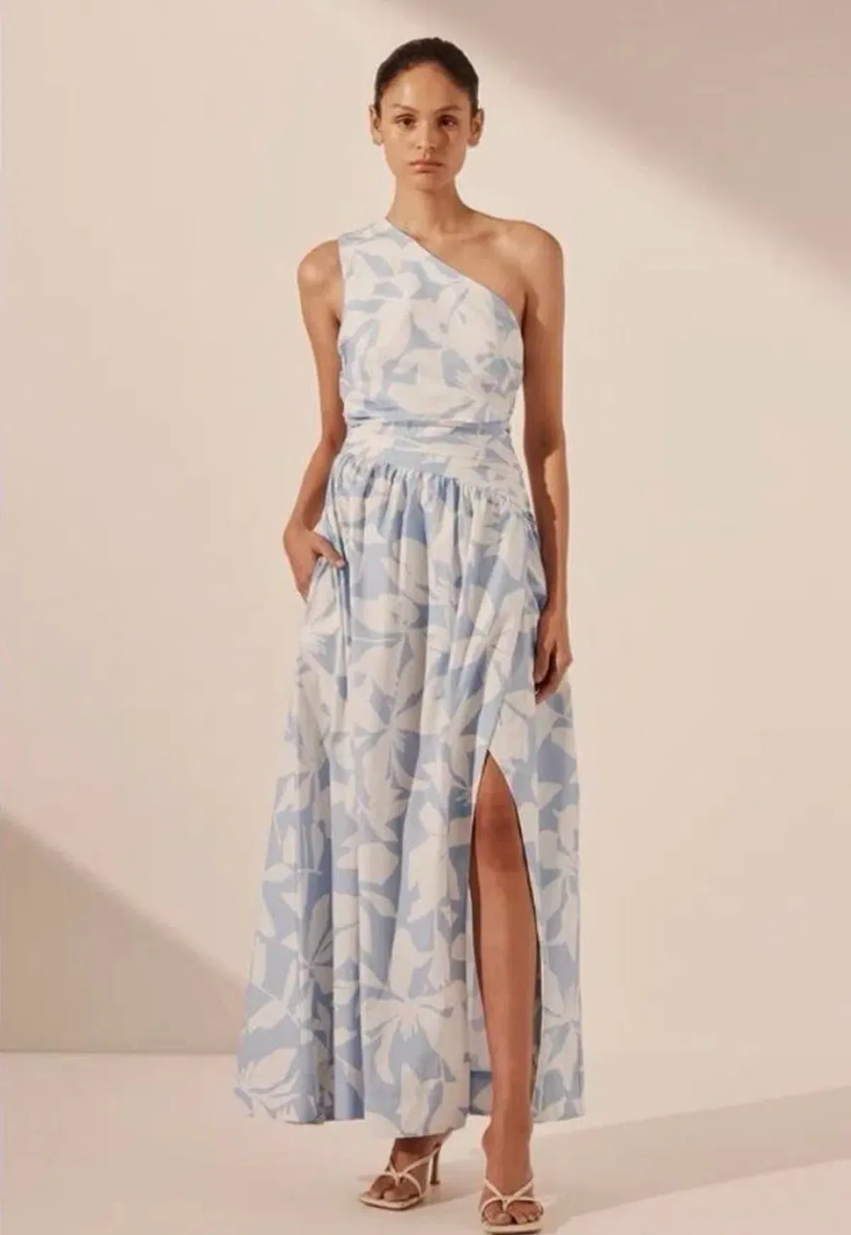 Shona Joy Mamouina Blue and White, One Shoulder Dress for rent on The Volte - main image