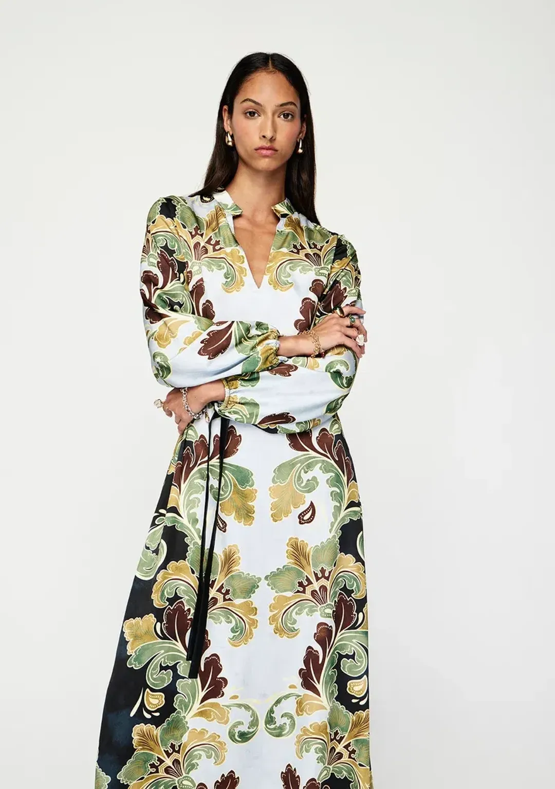 🌻MOS the Label Ivara Midi Dress - Size 12 AU - Satin Floral Green Maxi 🌻 for rent on The Volte - main image