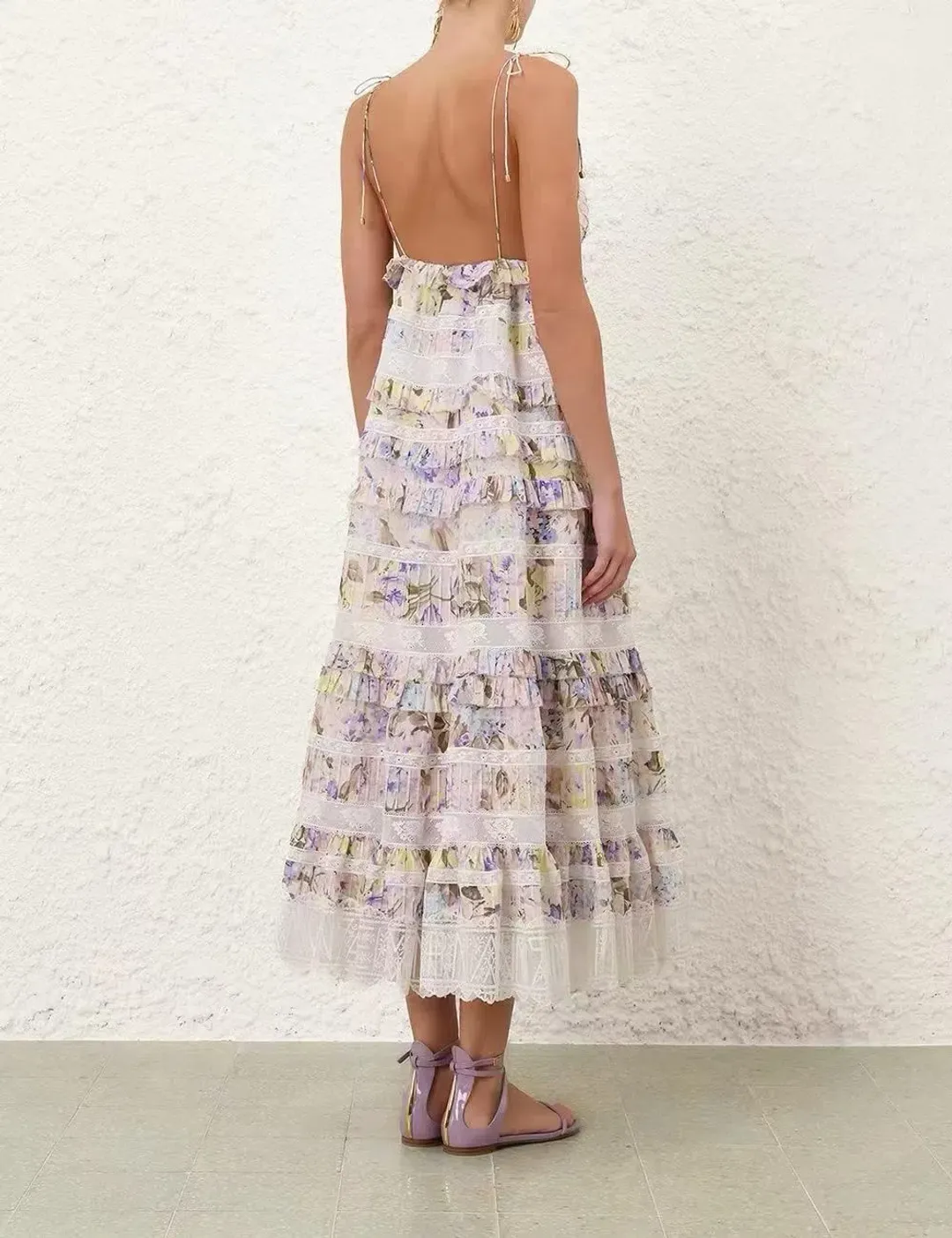 Zimmermann Solstice Tiered Lace Midi Dress in Lilac Purple Watercolour Floral Size 8 / Size 0 for rent on The Volte - main image