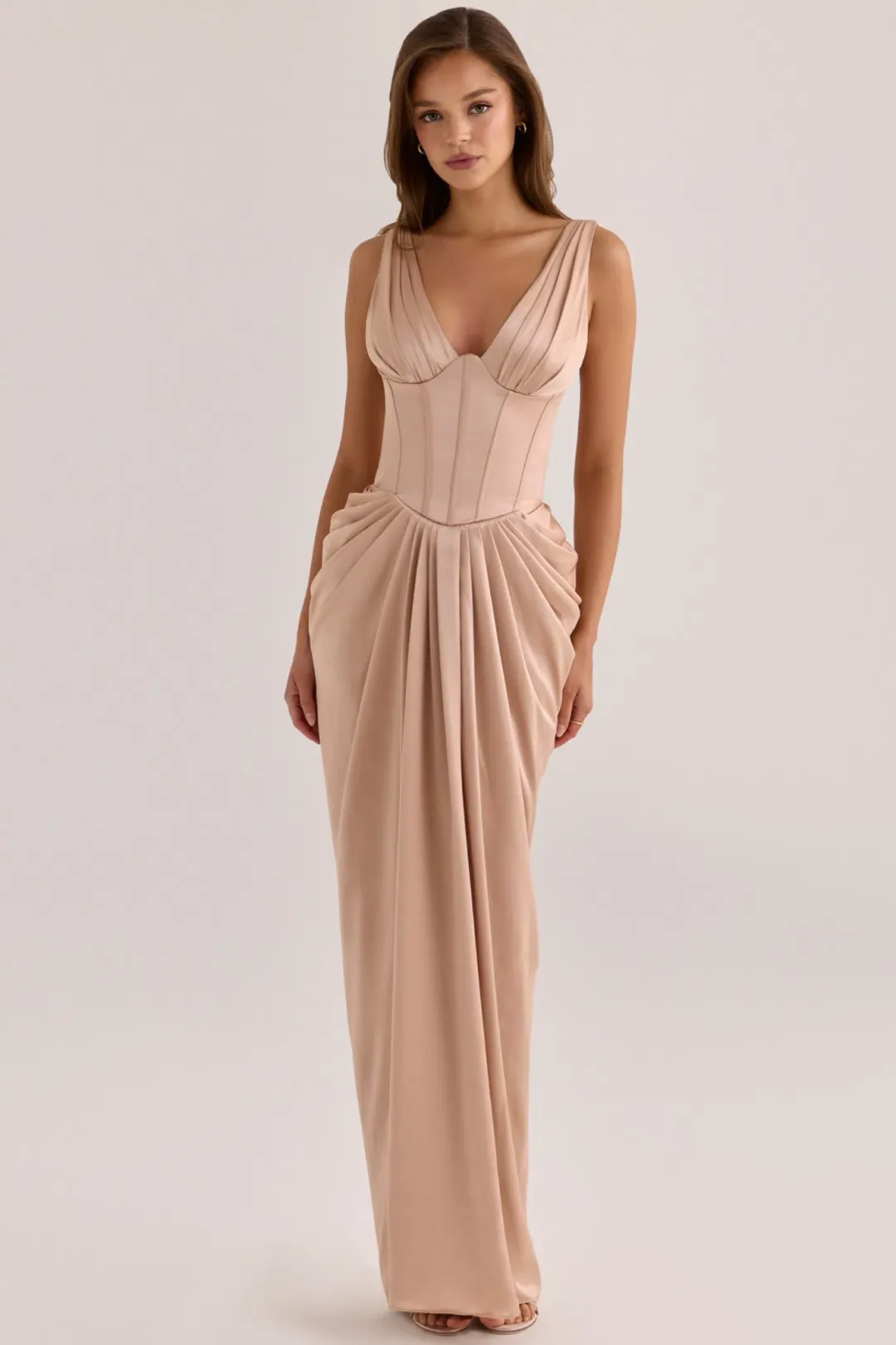 House of CB Angeline Champagne Satin Corset Maxi — XS Bigger Cup for rent on The Volte - main image