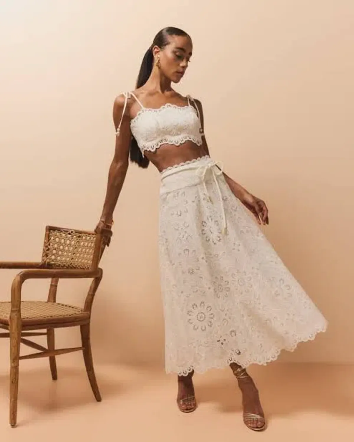 Zimmermann Ottie Cotton Guipure Lace Midi Skirt And Embroidered Bodice Set Ivory Size 0/Au 8 for rent on The Volte - main image