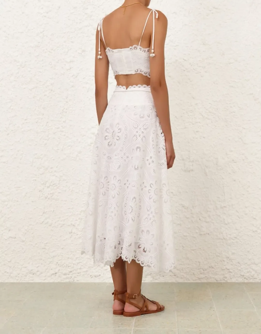 Zimmermann Ottie Cotton Guipure Lace Midi Skirt And Embroidered Bodice Set Ivory Size 0/Au 8 for rent on The Volte - main image