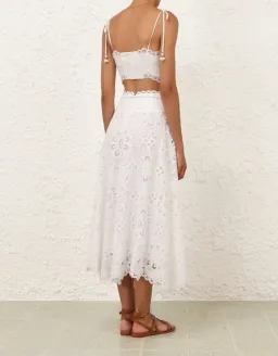 Zimmermann Ottie Cotton Guipure Lace Midi Skirt And Embroidered Bodice Set Ivory Size 0/Au 8 for rent on The Volte - image 3