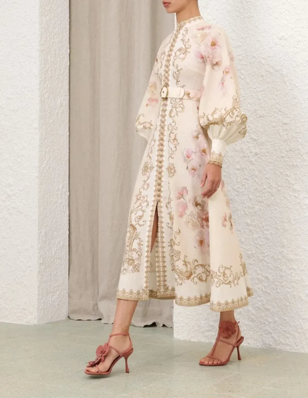 Zimmermann Hypnotic Buttoned Midi Dress Cream Peony Size 2 / Size AU 12 for rent on The Volte - main image