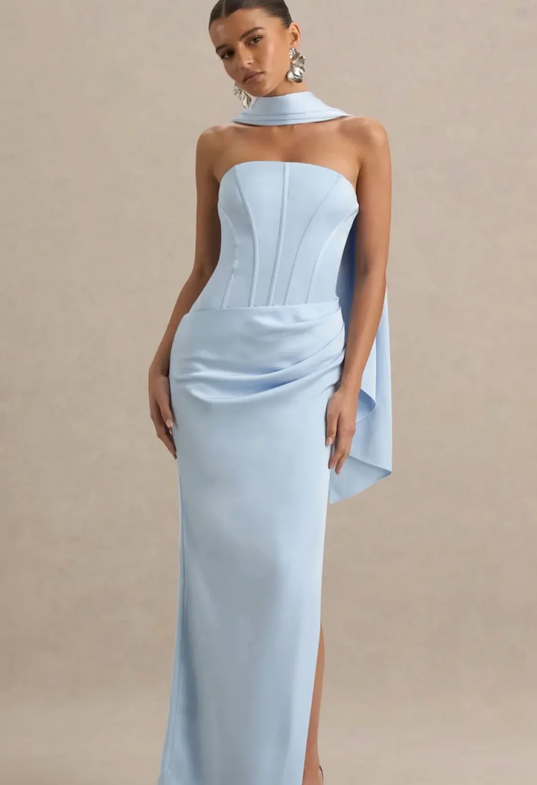 JOSELINE POWDER BLUE SATIN CORSET WRAP MAXI DRESS WITH SCARF for rent on The Volte - main image