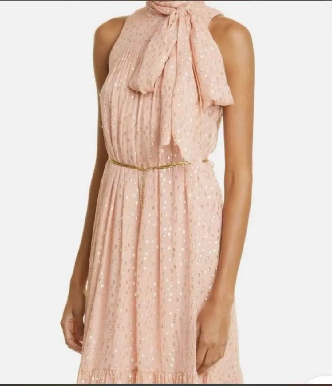 Zimmermann Blush Metallic Lurex Tie Neck Midi Dress – Size 3 / AU 12–14 for rent on The Volte - main image