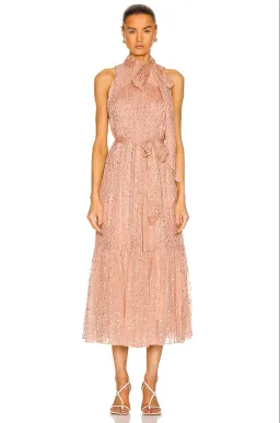 Zimmermann Blush Metallic Lurex Tie Neck Midi Dress – Size 3 / AU 12–14 for rent on The Volte - image 1
