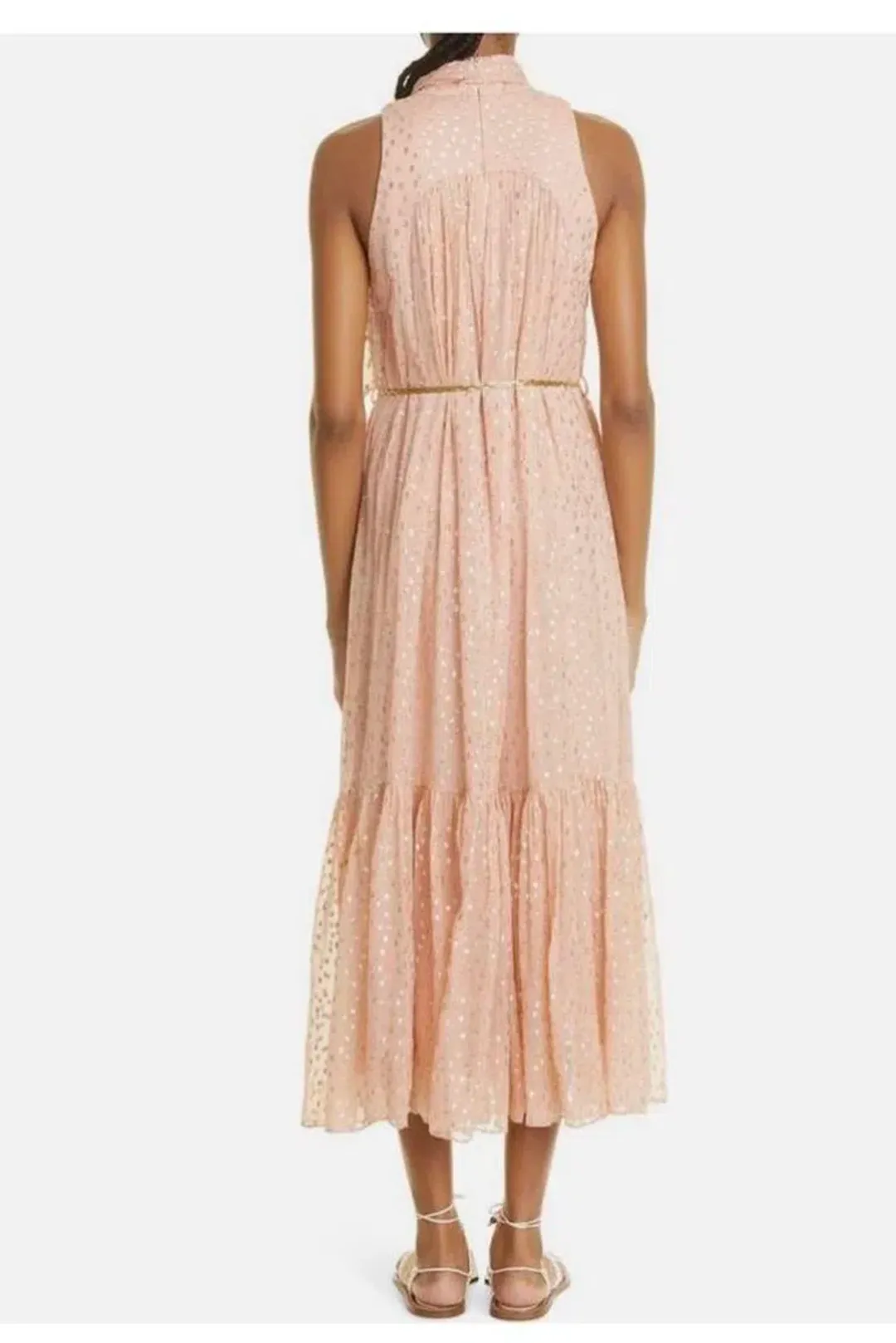 Zimmermann Blush Metallic Lurex Tie Neck Midi Dress – Size 3 / AU 12–14 for rent on The Volte - main image