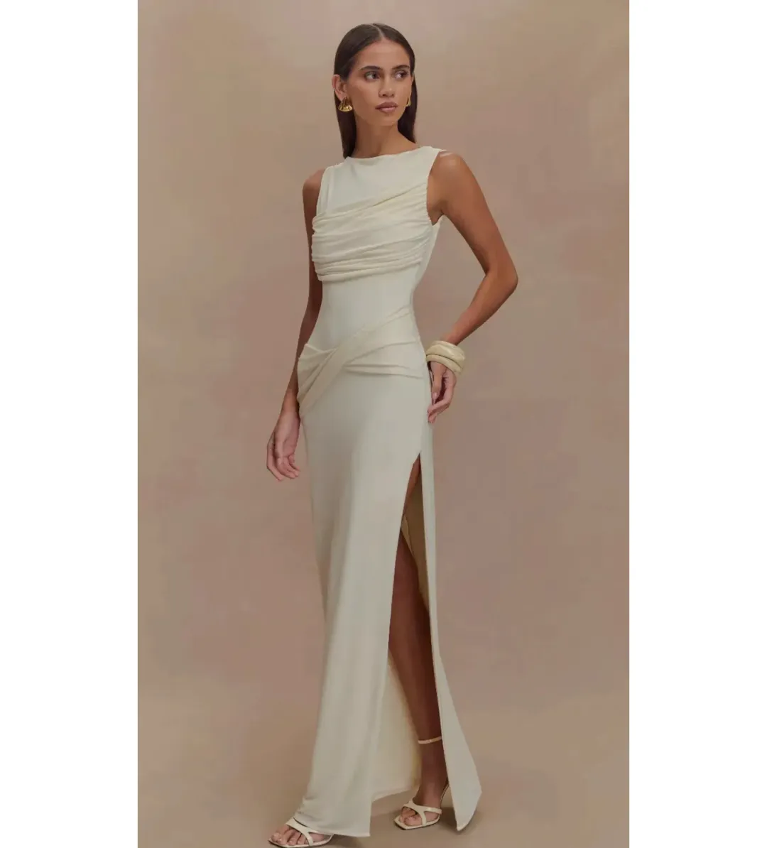 Meshki Henley Backless Slinky Drape Maxi Dress Ivory Size 6 for rent on The Volte - main image
