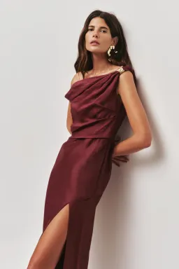 ❤️ AJE Bridgette Midi Dress – Plum Red / Burgundy – Size 10 Satin Formal Gown ❤️ for rent on The Volte - image 2