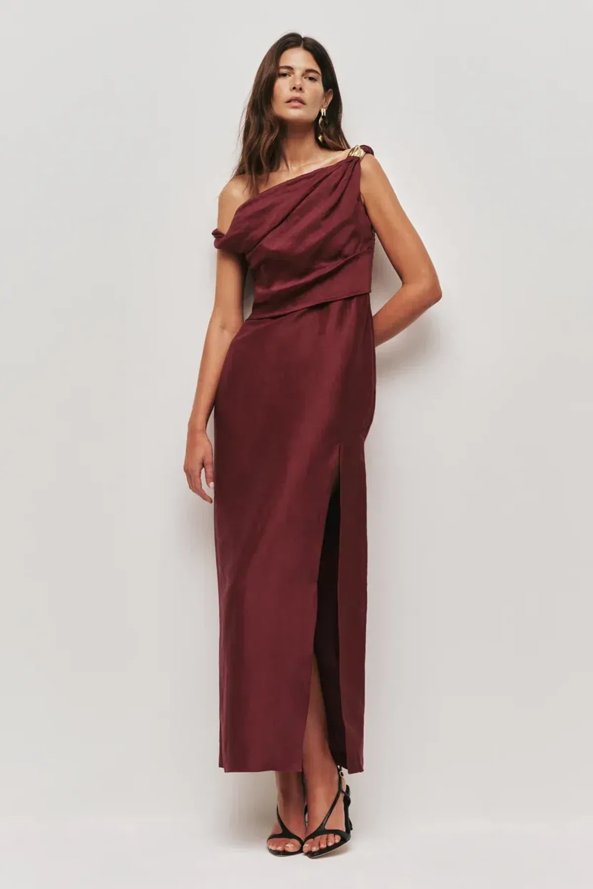 ❤️ AJE Bridgette Midi Dress – Plum Red / Burgundy – Size 10 Satin Formal Gown ❤️ for rent on The Volte - main image