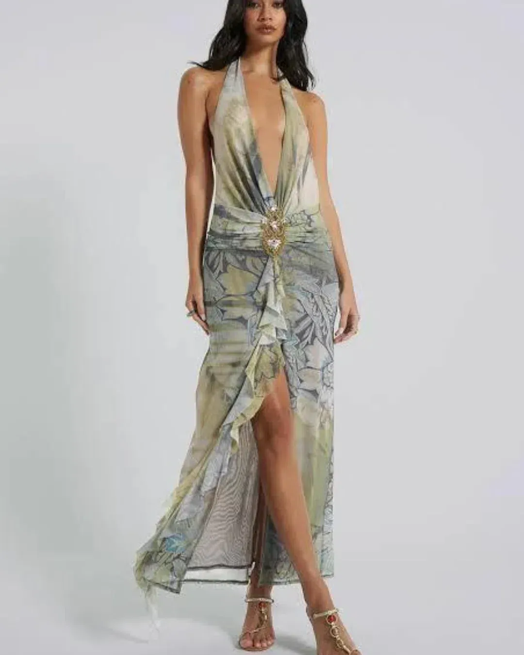 Jaded London Cindy Plunge Maxi Dress In Green for rent on The Volte - main image