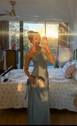 Custom Made Teal Satin Maxi Dress similar to Arcina Ori Monique for rent on The Volte - image 1