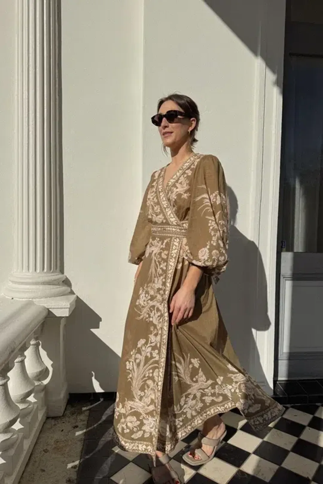Zimmermann Anneke Wrap Dress in Olive Green Size 4 / AU 16 for rent on The Volte - main image