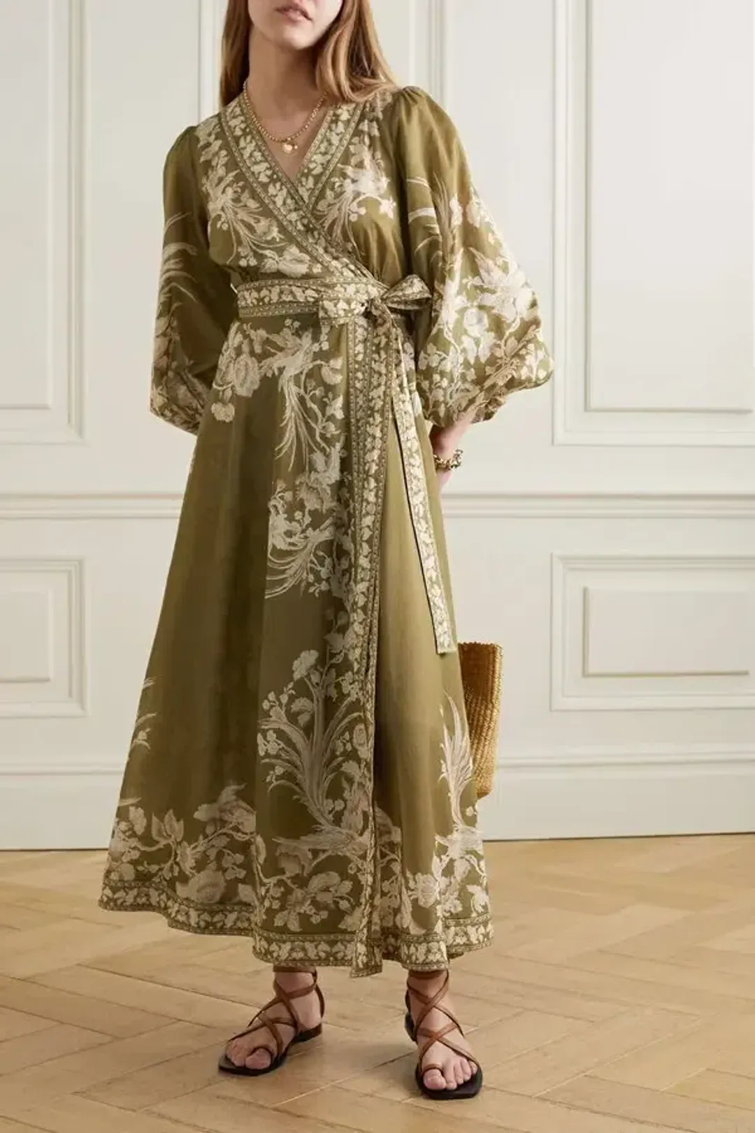 Zimmermann Anneke Wrap Dress in Olive Green Size 4 / AU 16 for rent on The Volte - main image