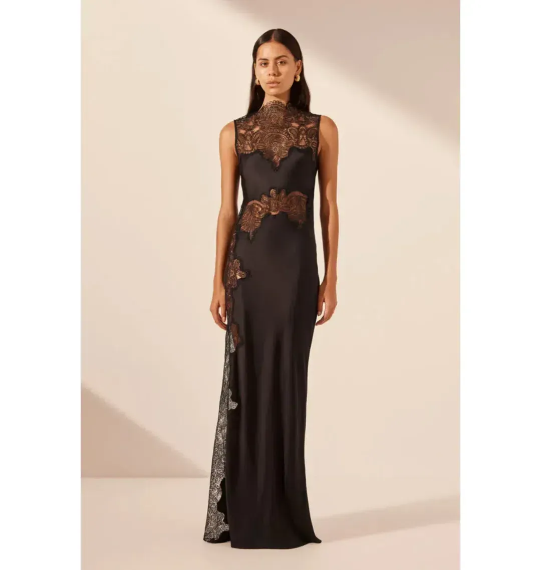 SHONA JOY JAMILA LACE HIGH NECK MAXI DRESS BLACK SIZE 8 for rent on The Volte - main image