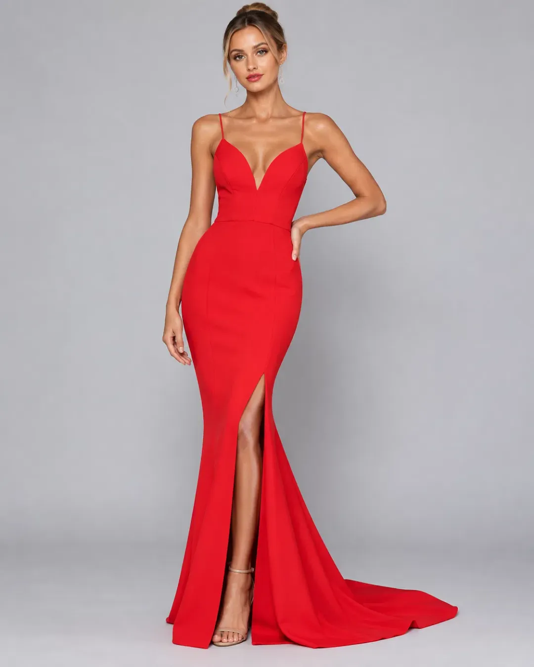 Bariano Juliet Low Cut Split Gown – Red – Size 10 for rent on The Volte - main image