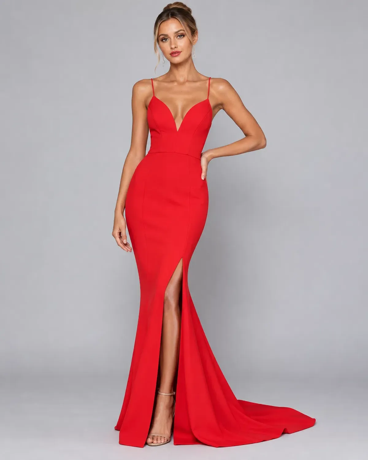 Bariano Juliet Low Cut Split Gown – Red – Size 10 for rent on The Volte - main image