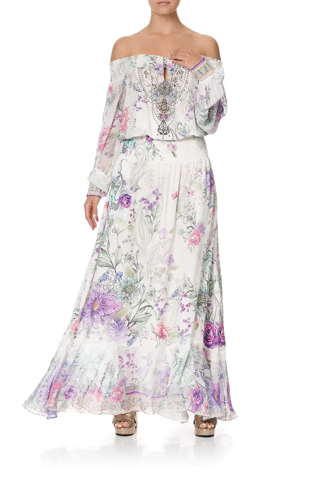 Camilla Off Shoulder Shirred Dress Forever Far Print Size 2 for rent on The Volte - main image
