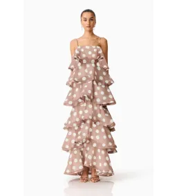 Elliatt Sola Tiered Maxi Dress in Brown Polkadot Size M/AU10 for rent on The Volte - image 1