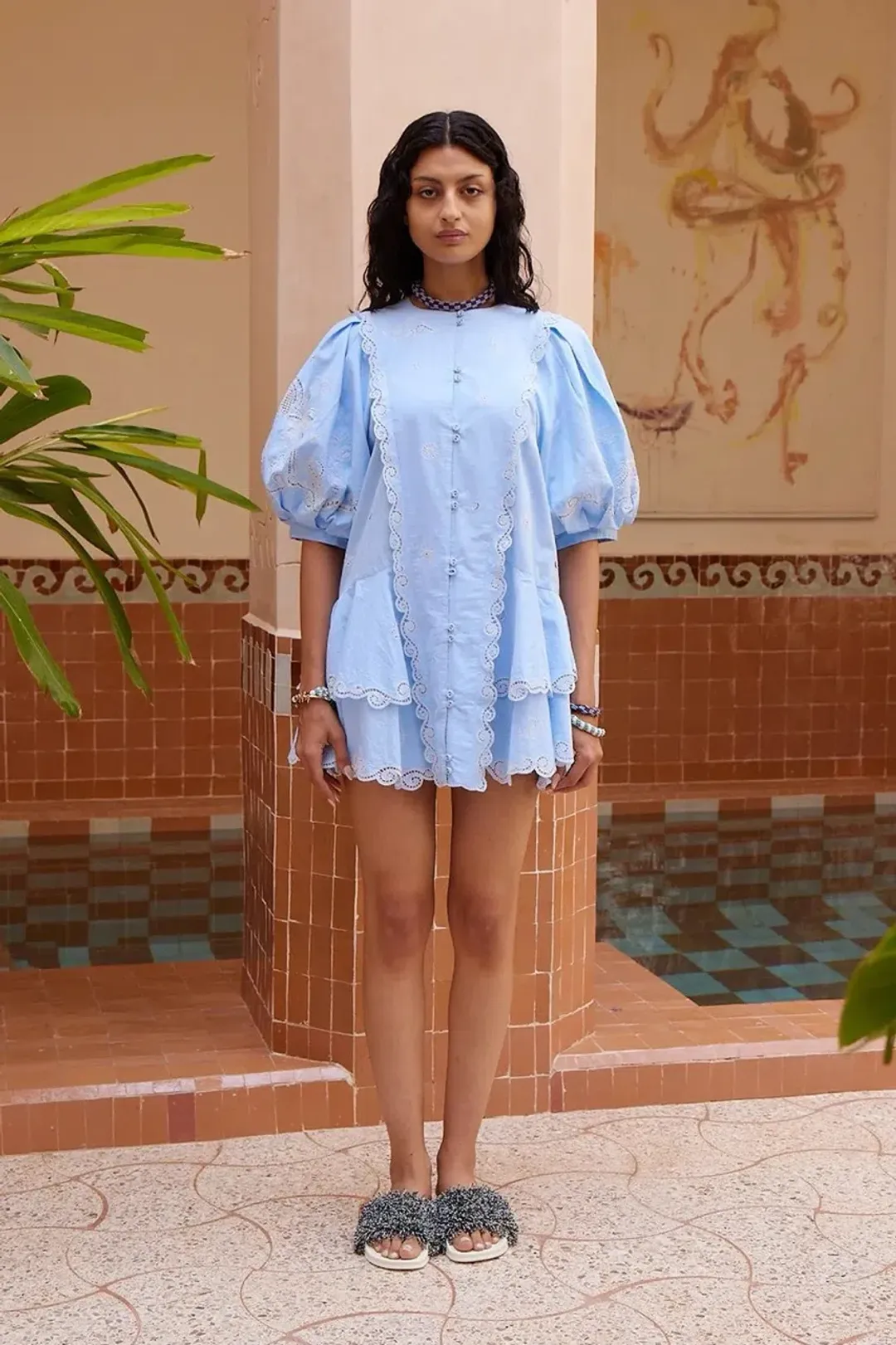 ALEMAIS Maizy Embroidered Mini Dress Blue Size 8 AU for rent on The Volte - main image