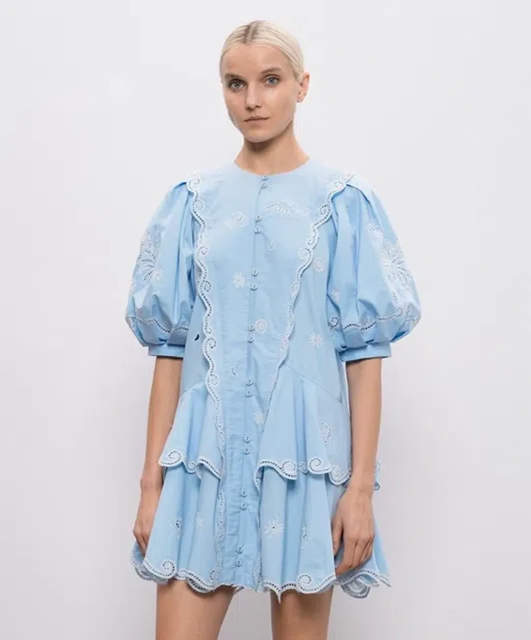 ALEMAIS Maizy Embroidered Mini Dress Blue Size 8 AU for rent on The Volte - main image