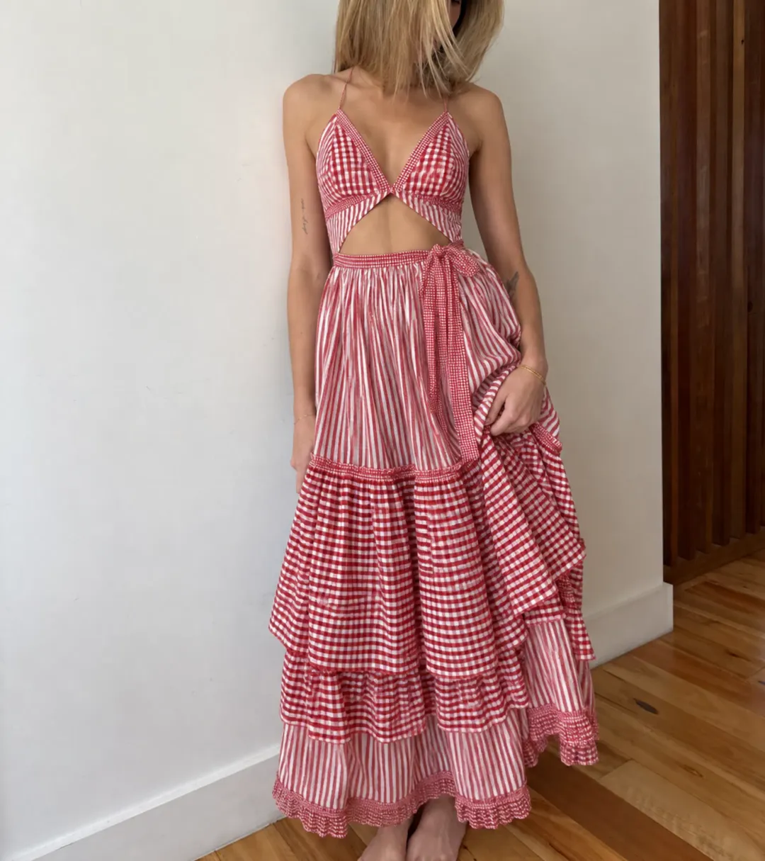 Gul Hurgel tiered Gingham Cut Out Tie Up Midi Dress, size XS for rent on The Volte - main image