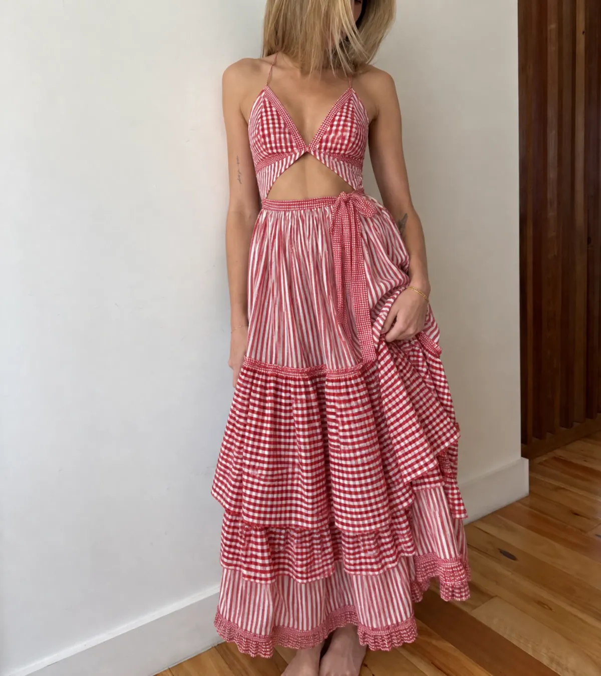 Gul Hurgel tiered Gingham Cut Out Tie Up Midi Dress, size XS for rent on The Volte - main image