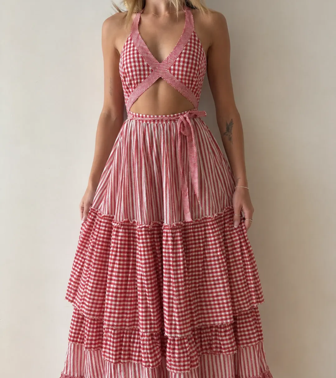 Gul Hurgel tiered Gingham Cut Out Tie Up Midi Dress, size XS for rent on The Volte - main image