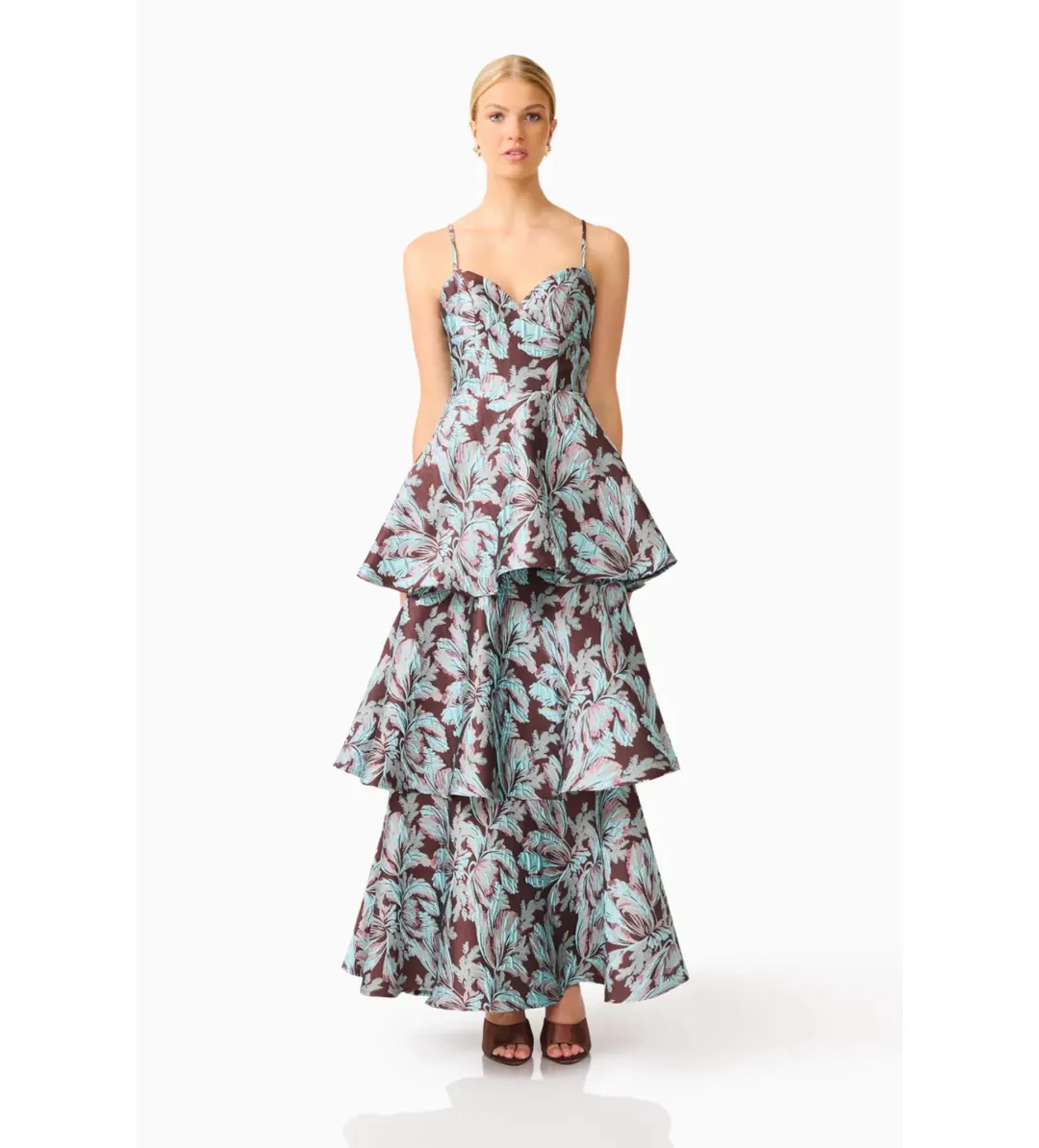 Elliatt Bloomia Tiered Gown in Brown & Blue Floral Size M/AU 10 for rent on The Volte - main image