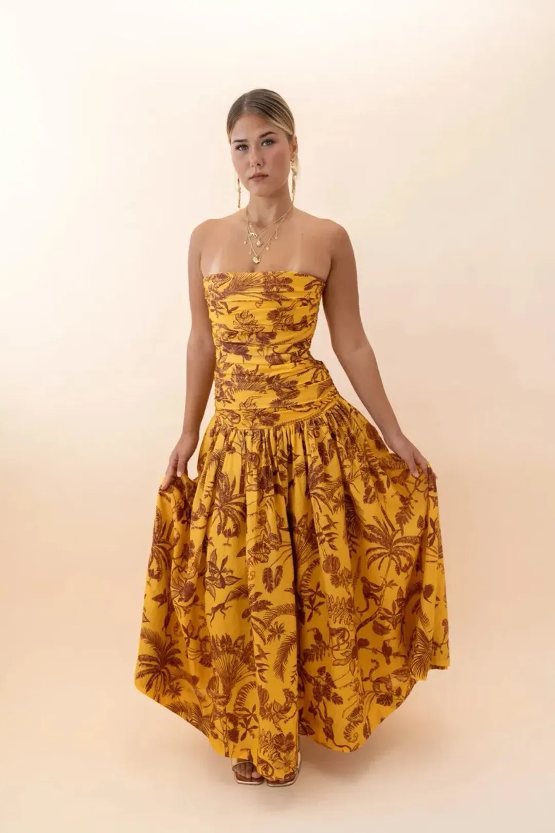 ALEMAIS Banana Blossom Ruched Gown Marigold Print Size 8 AU for rent on The Volte - main image