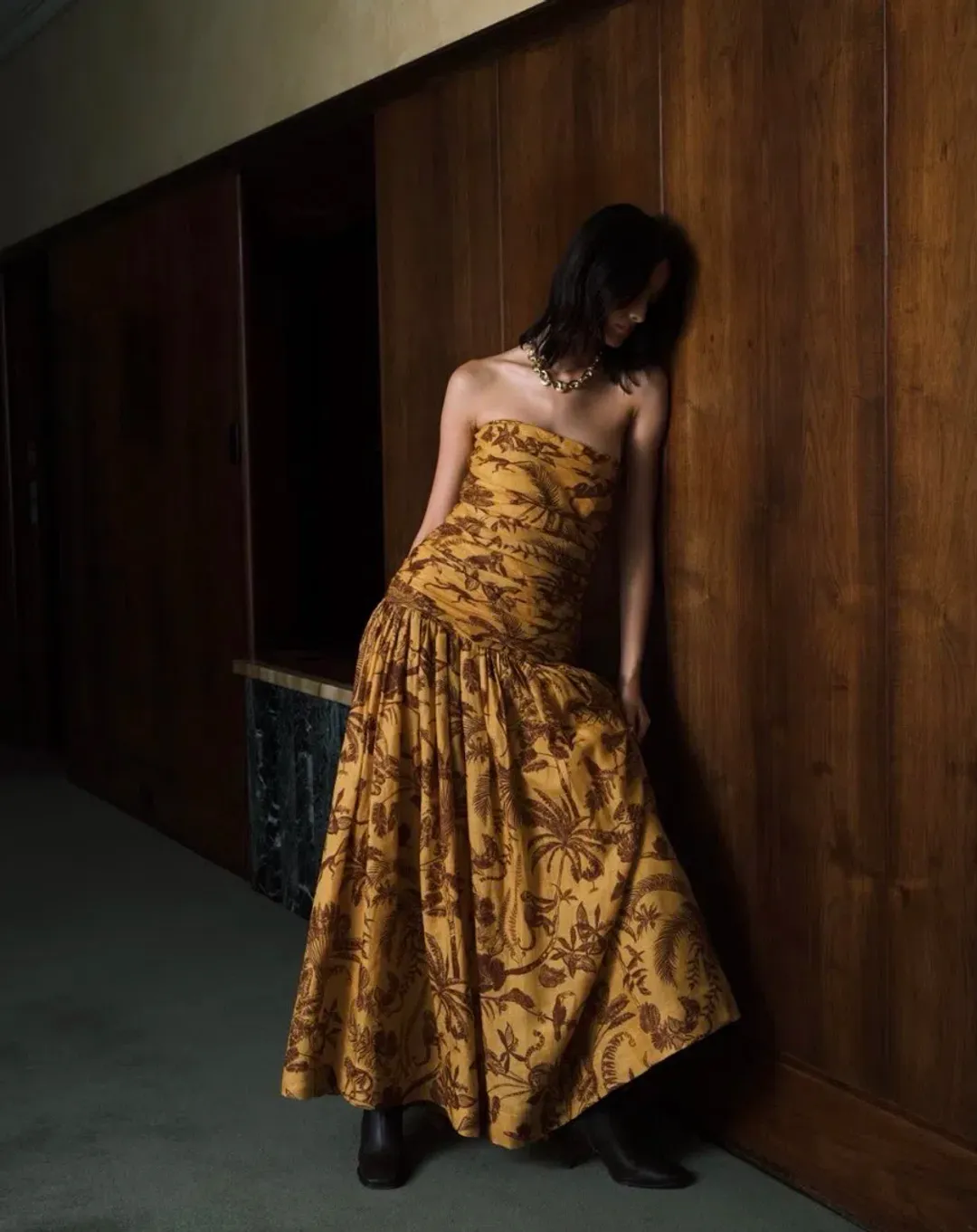 ALEMAIS Banana Blossom Ruched Gown Marigold Print Size 8 AU for rent on The Volte - main image