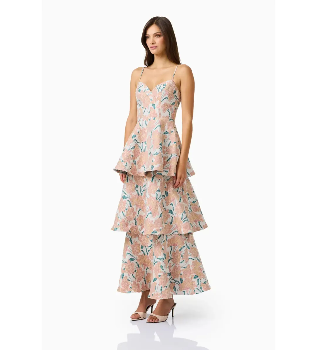 Elliatt Bloomia Tiered Maxi Gown in Peach and Green Size S / AU 8 for rent on The Volte - main image